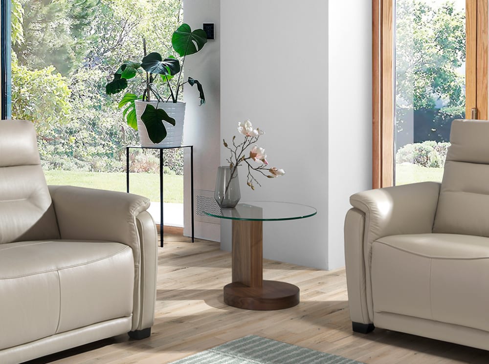 wohnli-moebel-suche-M22010304-1 Runder Ecktisch in Walnussholz 60x48x60cm Glas Braun Angel Cerda Möbel Wohnzimmermöbel Couchtische