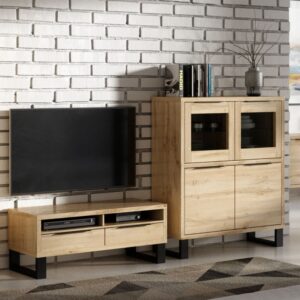 Geschirrschrank mit 4 Türen, Holzoptik und Metall, 120cm 120x140x45cm Spanplatte Braun Petits meubles Möbel Esszimmermöbel Geschirrschränke