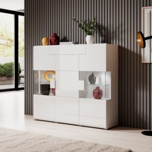 147x131x39cm Spanplatte Weiß Petits meubles Möbel Esszimmermöbel Vitrine und Vitrinenschrank