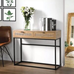 Konsole aus Rattan mit 2 Schubladen L100cm - Eicheneffect 100x80x35cm Spanplatte Beige Calicosy Möbel Wohnzimmermöbel Konsolentische