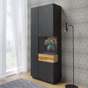 Vitrine mit 2 Türen, Grau und Holzoptik, 80cm 80x207x40cm Spanplatte Grau Petits meubles Möbel Esszimmermöbel Vitrine und Vitrinenschrank