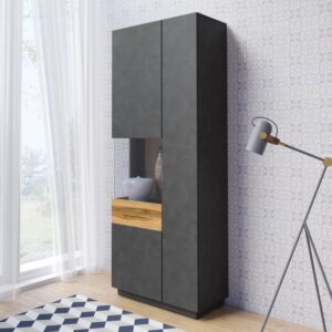 wohnli-moebel-suche-M22033684-1 Vitrine mit 2 Türen, Grau und Holzoptik, 80cm 80x207x40cm Spanplatte Grau Petits meubles Möbel Esszimmermöbel Vitrine und Vitrinenschrank