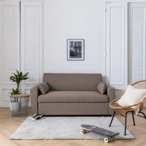 2-Sitzer Schlafsofa aus taupefarbenem Stoff 169x85x93cm Stoff Braun Happy Garden Sofas und Sessel Sofas Schlafsofas