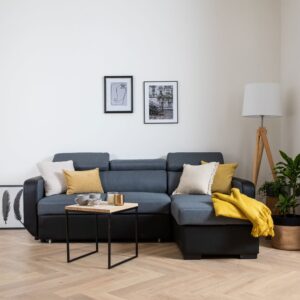 3-Sitzer-Sofa mit grau meliertem Stoff in schwarzem Simili-Look 236x96x168cm PVC und Synthetik Schwarz Happy Garden Sofas und Sessel Sofas Ecksofas