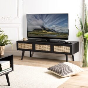 wohnli-moebel-suche-M22042053-1 TV-Möbel aus Holz 3 Schubladen Rohrgeflecht schwarz 120x40x40cm Holz Schwarz MACABANE Möbel Wohnzimmermöbel TV-Möbel