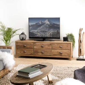 wohnli-moebel-suche-M22042055-1 TV-Ständer mit 6 Schubladen aus recyceltem Kiefernholz 181x55x45cm Holz Braun MACABANE Möbel Wohnzimmermöbel TV-Möbel
