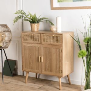 wohnli-moebel-suche-M22042102-1 Sideboard aus Kiefernholz mit 2 Schubladen 2 Tren aus Rohrgeflecht 75x86x38cm Holz Beige MACABANE Möbel Esszimmermöbel Sideboards, Highboards & niedrige Anrichten