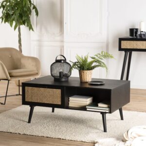wohnli-moebel-suche-M22042108-1 Couchtisch aus Kiefernholz und Rohrgeflecht L100 100x45x60cm Holz Schwarz MACABANE Möbel Wohnzimmermöbel Couchtische