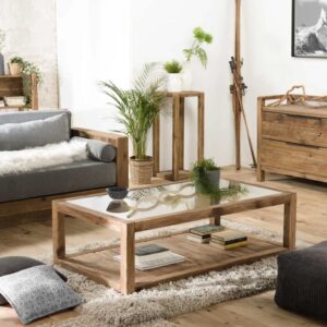 Couchtisch mit 1 Glas- und 1 Holzplatte aus recyceltem Holz L140 140x43x80cm Holz Braun MACABANE Möbel Wohnzimmermöbel Couchtische