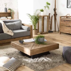 wohnli-moebel-suche-M22042114-1 Quadratischer Couchtisch aus recyceltem Kiefernholz L99 100x35x100cm Holz Braun MACABANE Möbel Wohnzimmermöbel Couchtische