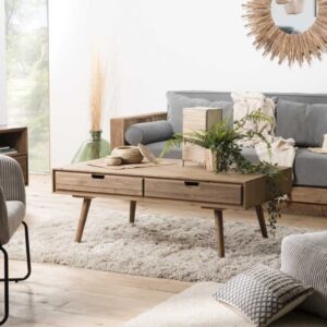 Niedriger Couchtisch mit 4 Schubladen aus Tannenholz L120 120x47x70cm Holz Braun MACABANE Möbel Wohnzimmermöbel Couchtische