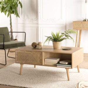 wohnli-moebel-suche-M22042117-1 Couchtisch mit 1 offenem Fach und 2 Schubladen aus Kiefer L100 100x45x60cm Holz Beige MACABANE Möbel Wohnzimmermöbel Couchtische
