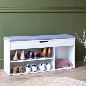 wohnli-moebel-suche-M22043708-1 Schuhmöbel drei Fächer mit weißer Truhe 104x49x30cm Spanplatte Weiß Happy Garden Möbel Flurmöbel Schuhschränke