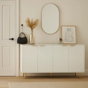 Weiße Konsole mit geometrischen Reliefmustern 160x80x40cm Spanplatte Weiß Urban Meuble Möbel Wohnzimmermöbel Konsolentische