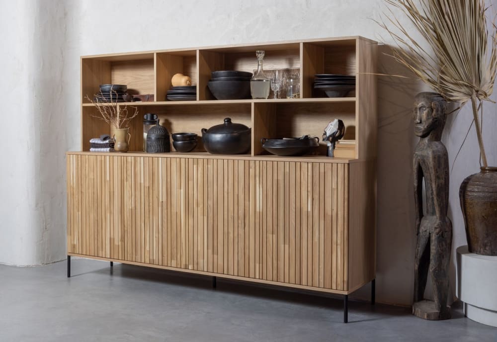 Sideboard aus Eiche mit schwarzem Metall 200x150x44cm Holz Braun WOOOD Möbel Esszimmermöbel Sideboards, Highboards & niedrige Anrichten