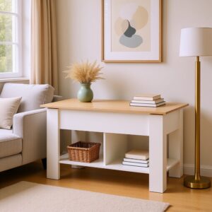 wohnli-moebel-suche-M22061005-1 Weiße Konsole mit anhebbarem Deckel und Stauraum 96x63x50cm Spanplatte Weiß Urban Meuble Möbel Wohnzimmermöbel Konsolentische