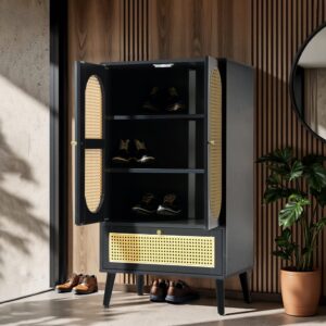 wohnli-moebel-suche-M22061006-1 Elegante Aufbewahrungseinheit für Schuhe und Accessoires 60x111x40cm Spanplatte Schwarz Urban Meuble Möbel Flurmöbel Schuhschränke