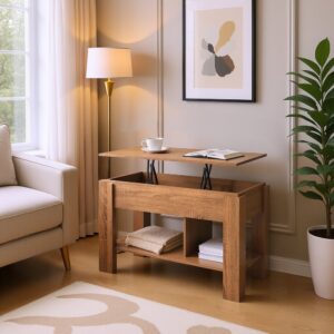 wohnli-moebel-suche-M22061015-1 Hochklappbare Holzkonsole mit Stauraum 96x63x50cm Spanplatte Braun Urban Meuble Möbel Wohnzimmermöbel Konsolentische