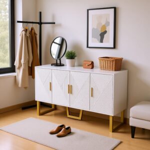 Schicker Schuhschrank in Weiß und Gold mit 4 Designertüren 150x82x40cm Metall Weiß Urban Meuble Möbel Flurmöbel Schuhschränke