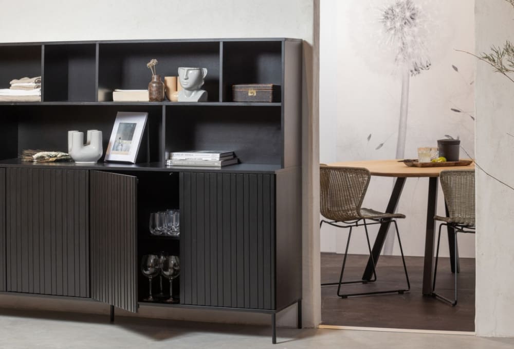 Schwarzes Holzregal aus Kiefernfurnier mit Stauraum 200x150x44cm Holz Schwarz WOOOD Möbel Esszimmermöbel Sideboards, Highboards & niedrige Anrichten