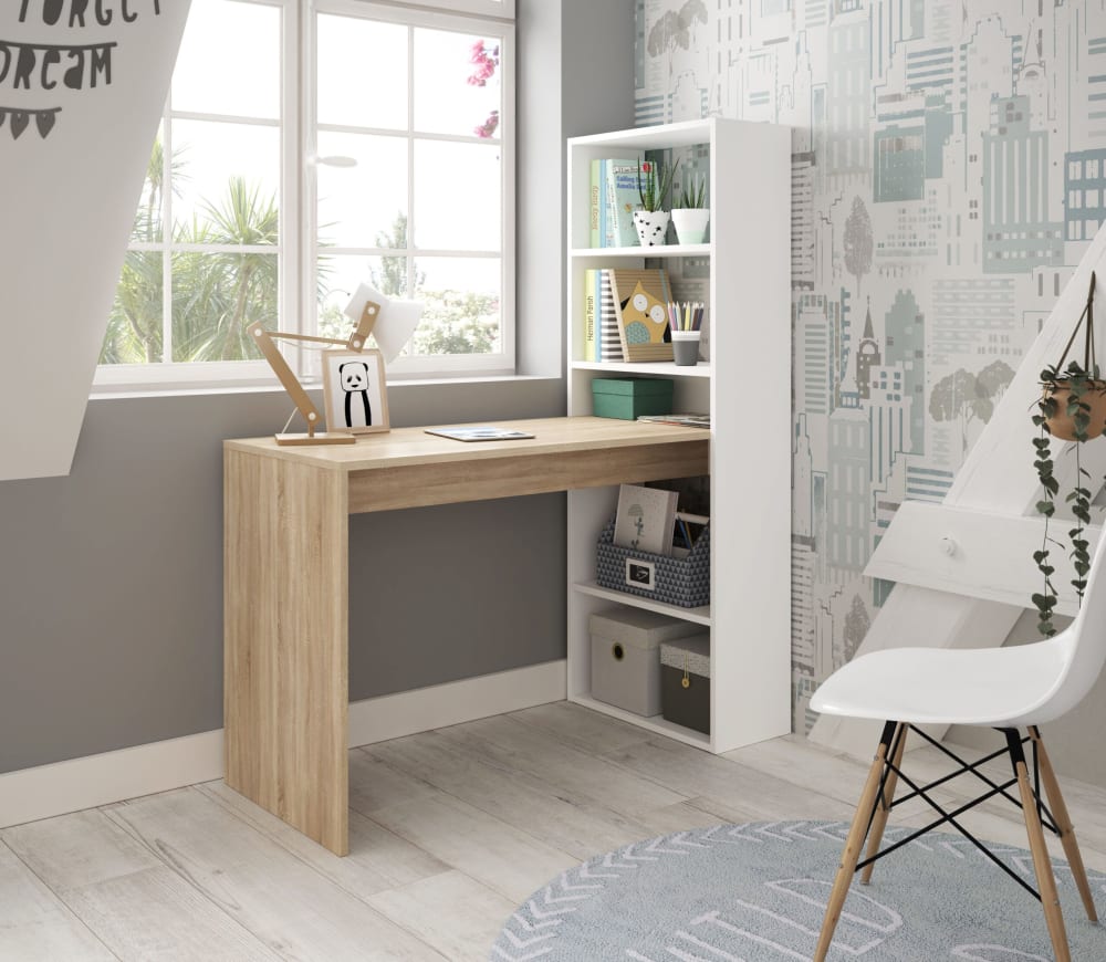 Umkehrbarer Schreibtisch mit Regal - L120 cm - Dekor Eiche und Weiß 53x144x120cm Spanplatte Beige duehome Möbel Büromöbel Schreibtische