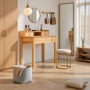 wohnli-moebel-suche-M22074769-1 Schminktisch aus hellem Holz mit Schubladen 100x90x50cm Spanplatte Beige Urban Meuble Möbel Schlafzimmermöbel Schminktische
