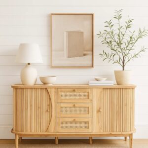 wohnli-moebel-suche-M22074774-1 Naturholzkonsole mit Rohrgeflecht 141x76x40cm Spanplatte Beige Urban Meuble Möbel Wohnzimmermöbel Konsolentische
