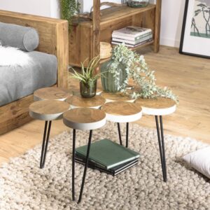 Couchtisch Tischplatte Rondellen Teakholz Nadelbeine Metall L80 80x44x55cm Holz Braun MACABANE Möbel Wohnzimmermöbel Couchtische