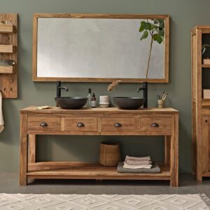wohnli-moebel-suche-M22079501-1 Badezimmermöbel aus massivem recyceltem Teakholz 165 cm 165x78x50cm Holz Beige BERAH GETAH Möbel Badezimmermöbel Waschtische