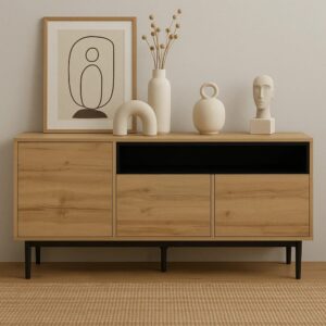 wohnli-moebel-suche-M22079632-1 Moderne Vitrine Schrank aus Naturholz mit Stauraum 160x76x35cm Spanplatte Beige Urban Meuble Möbel Esszimmermöbel Vitrine und Vitrinenschrank