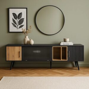 Niedriges Sideboard aus Schwarzem Holz mit Flügeltüren 200x56x40cm Spanplatte Schwarz Urban Meuble Möbel Esszimmermöbel Sideboards, Highboards & niedrige Anrichten