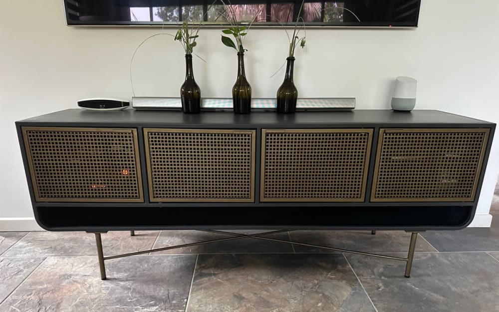 Alliage TV-Möbel aus Stahl mit messingfarbenen Türen 163x60x40cm Stahl Grau Mathi Design Möbel Wohnzimmermöbel TV-Möbel