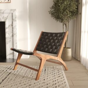 wohnli-moebel-suche-M22085872-1 Teak-Sessel mit schwarzem geflochtenem Leder 65x70x76cm Leder Schwarz Maison Pavane Sofas und Sessel Sessel, Poufs und Fußbänke Sessel
