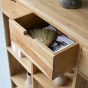 wohnli-moebel-suche-M22103886-1 Niedriges Bücherregal aus Teak massiv 120x110x40cm Holz Braun Tikamoon Möbel Wohnzimmermöbel Bücherregale