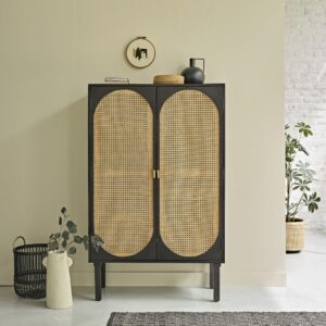 Schrank aus massivem Mangoholz und Rohrgeflecht 90 cm 88x140x88cm Holz Schwarz BERAH GETAH Möbel Schlafzimmermöbel Schränke