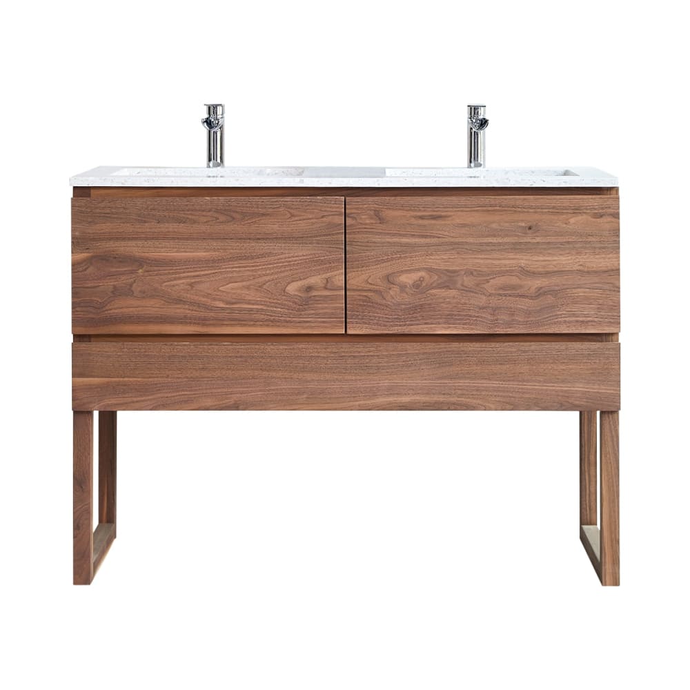 Wohnli Möbelsuche - Badezimmerschrank aus Nussbaum massiv und Premium-Terrazzo Moon 120 cm