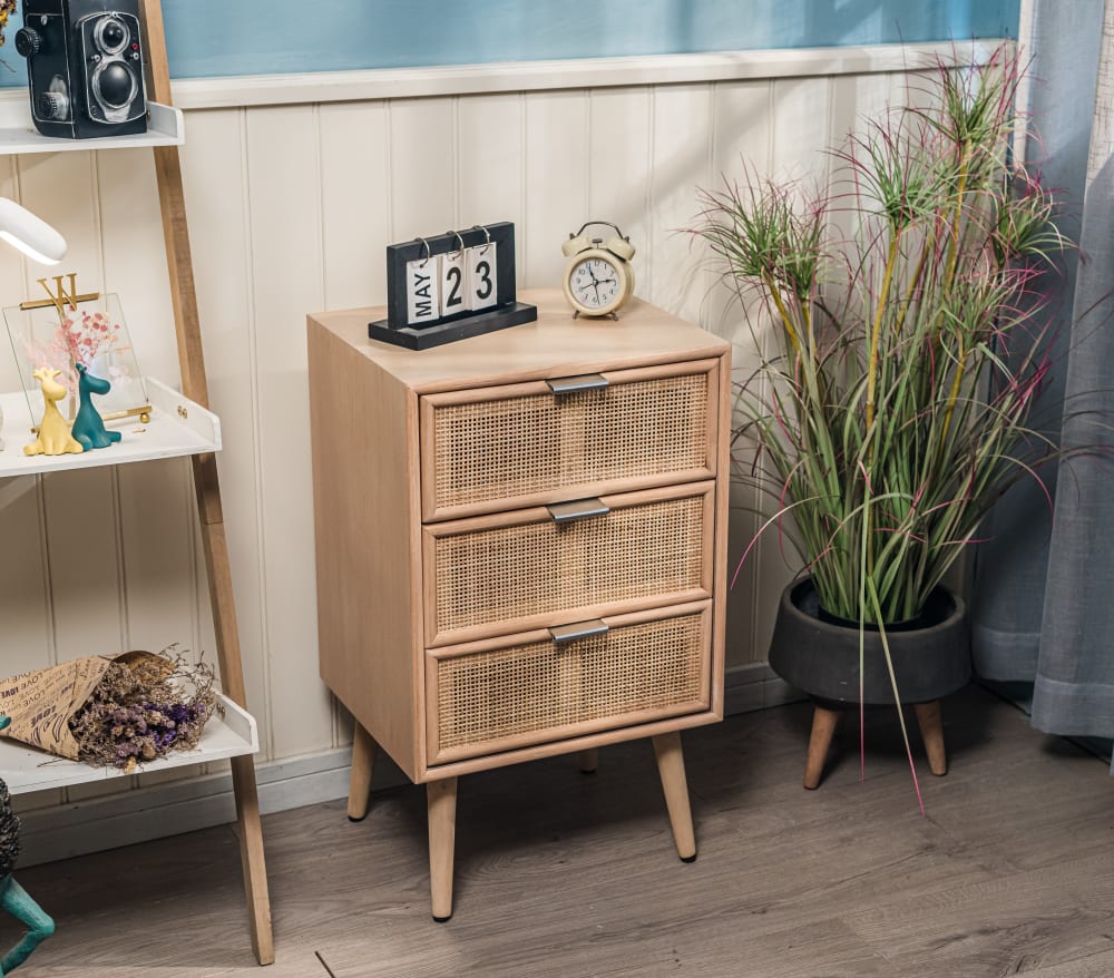 Kommode 3 Schubladen aus Massivholz und Rattan 36x71x42cm Holz Braun Nordlys Möbel Schlafzimmermöbel Kommoden