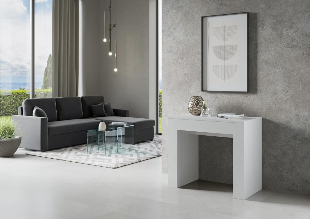 Ausziehbarer Konsolentisch 90x49/307cm in Holzoptik Esche weiß 90x78x49cm Spanplatte Weiß Itamoby Möbel Wohnzimmermöbel Konsolentische