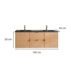 wohnli-moebel-suche-M22123011-1 Eichenholz-Wandwaschbecken mit Doppelwaschbecken 140x50x45cm Holz Braun Mob In Möbel Badezimmermöbel
