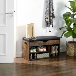 Schuhbank mit 3 Fächern und 1 Truhe - L80 cm - Braun 80x30x44cm Spanplatte Braun Calicosy Möbel Esszimmermöbel Sitzbank und Holzbank