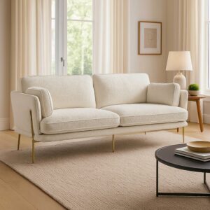 wohnli-moebel-suche-M22126562-1 Sofa aus Schlingenstoff Weiß L 221 cm 221x84x87cm Stoff Weiß Oviala Sofas und Sessel Sofas 2-Sitzer-Sofas & 3-Sitzer-Sofas