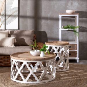 Runder Couchtisch aus patiniertem Holz 50x58x50cm Holz Weiß Mathi Design Möbel Wohnzimmermöbel Couchtische