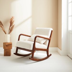 Schaukelstuhl aus Holz und Bouclé-Stoff Skandinavisches Design 65x81x80cm Stoff Beige sweeek Sofas und Sessel Sessel, Poufs und Fußbänke Sessel