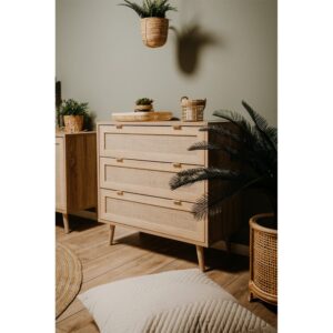 Kommode mit 3 Schubladen L80 cm - Rattan-Druck 80x80x40cm Spanplatte Beige Calicosy Möbel Schlafzimmermöbel Kommoden