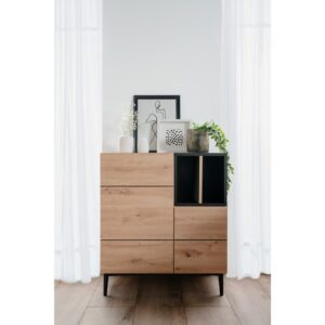 Highboard mit 2 Türen und 2 Ablagen L80 cm - Holzdekor 80x90x42cm Spanplatte Beige Calicosy Möbel Esszimmermöbel Sideboards, Highboards & niedrige Anrichten