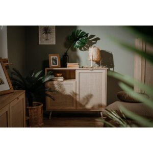 Sideboard mit 2 Türen und 1 Fächer L101 cm - Rattan-Druck 101x87x40cm Spanplatte Beige Calicosy Möbel Esszimmermöbel Sideboards, Highboards & niedrige Anrichten