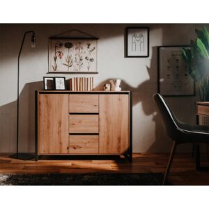 wohnli-moebel-suche-M22142157-1 Sideboard 2 Türen 3 Schubladen L120 cm - Eichendekor und Grau 120x88x40cm Spanplatte Grau Calicosy Möbel Esszimmermöbel Sideboards, Highboards & niedrige Anrichten
