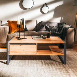 Couchtisch mit Schublade L100 cm - Dekor Heller Holz 100x40x55cm Spanplatte Beige Calicosy Möbel Wohnzimmermöbel Couchtische