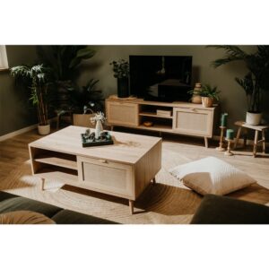 wohnli-moebel-suche-M22142174-1 Niedriger Tisch mit 2 Ablagen L100 cm - Rattan-Druck 100x46x60cm Spanplatte Beige Calicosy Möbel Wohnzimmermöbel Couchtische