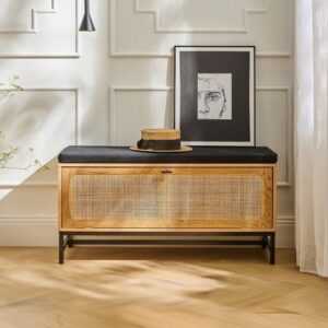 wohnli-moebel-suche-M22149310-1 Bank mit Schuhablage in Eichenoptik und Rattanfront - L100 cm 100x47x38cm Spanplatte Beige Calicosy Möbel Esszimmermöbel Sitzbank und Holzbank